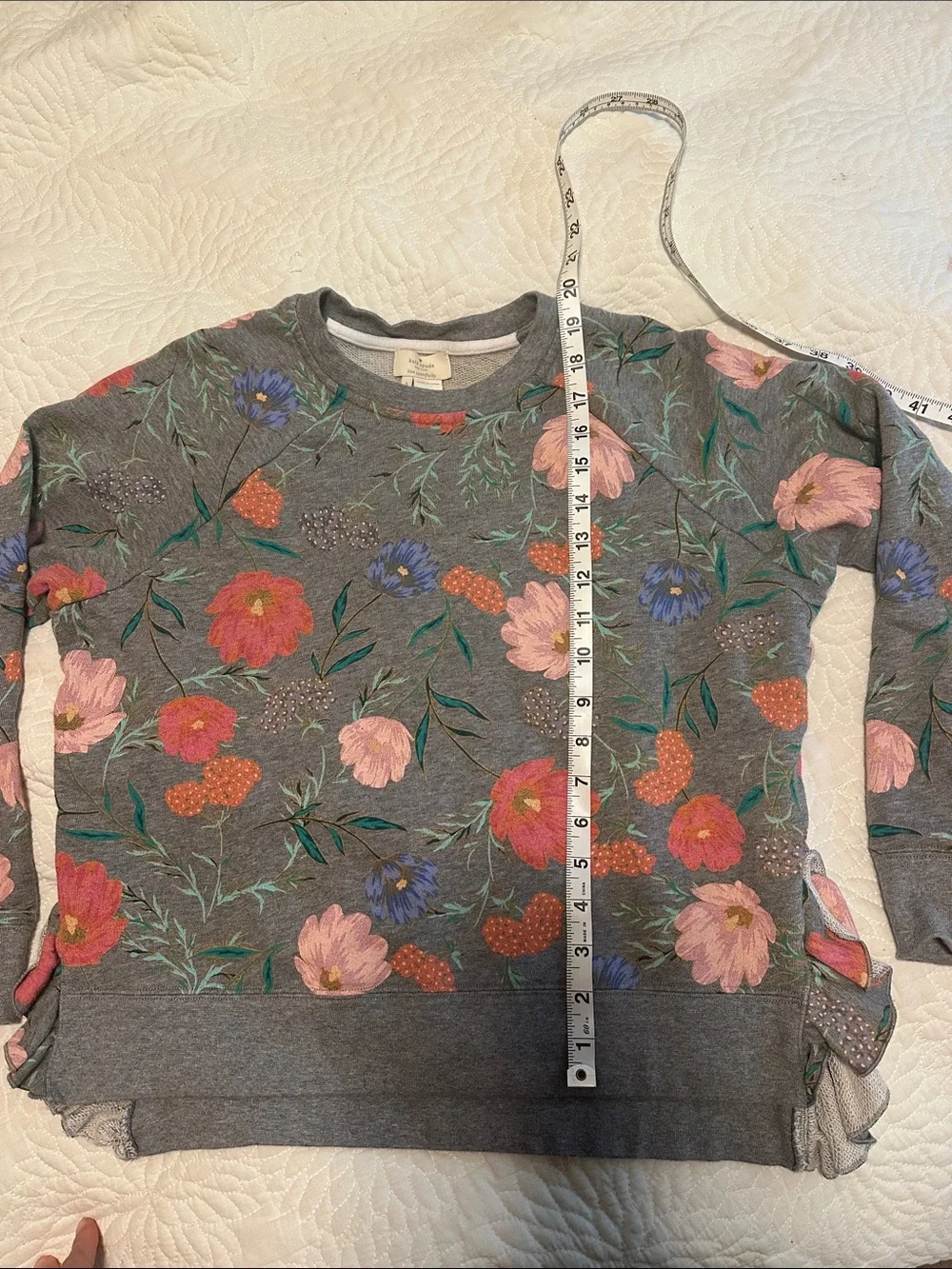 Kate Spade Gray Floral Crewneck Sweater with Pink, Red & Blue Blooms